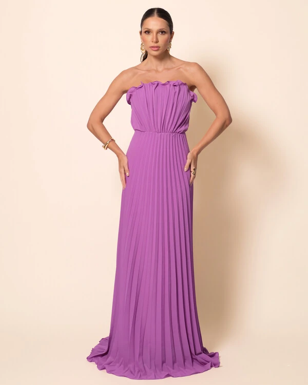 Vestido de Festa Longo Tomara que Caia Plissado Detalhe Fúcsia