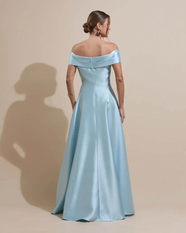 Vestido de Festa Longo Zibeline Ombro a Ombro com Fenda Tiffany