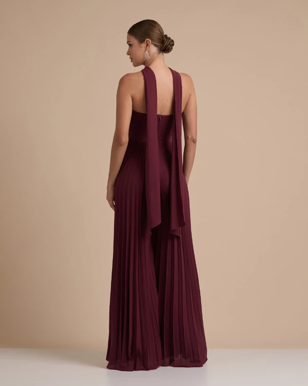 Macacão de Festa Longo Crepe Chiffon Tomara que Caia Plissado com Lenço Marsala