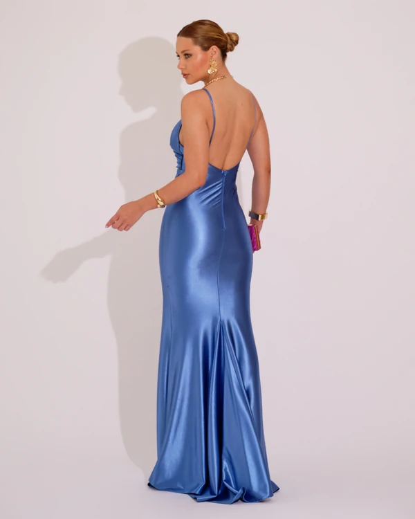 Vestido de Festa Longo Malha Cetim Busto Drapeado Saia Sereia Azul