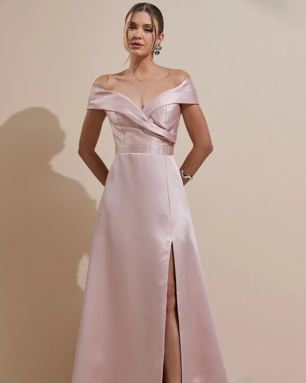 Vestido de Festa Longo Zibeline Ombro a Ombro com Fenda Rosa Nude