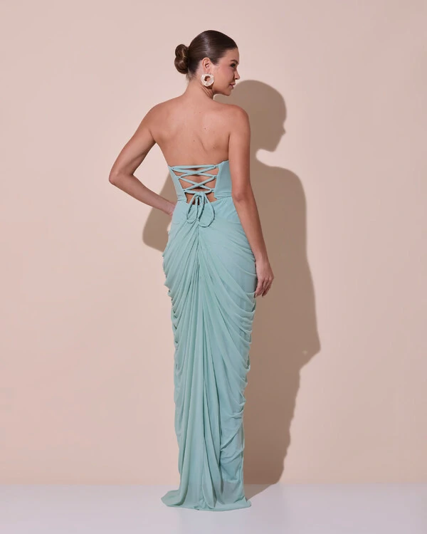 Vestido De Festa Longo Tomara que Caia Tule Drapeado Fenda Verde Menta