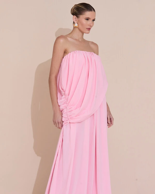 Vestido de Festa Longo Tomara Que Caia Crepe Chiffon Drapeado Rosa Claro