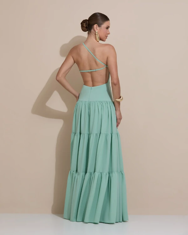 Vestido de Festa Longo Um ombro Só Crepe Chiffon Saia Fluida Verde Menta
