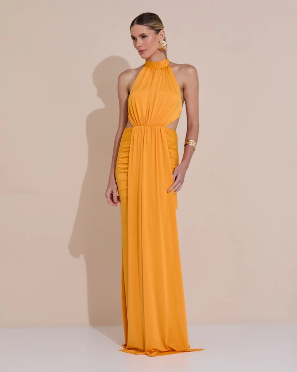 Vestido de Festa Longo Malha Jersey Gola Alta Saia Sereia Laranja Manga New