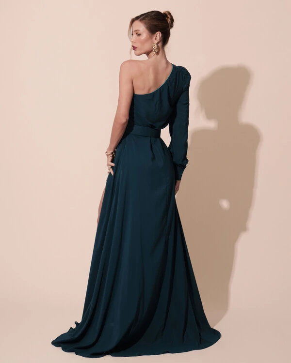 Vestido de Festa Longo um Ombro Só Manga Longa com Cinto Verde