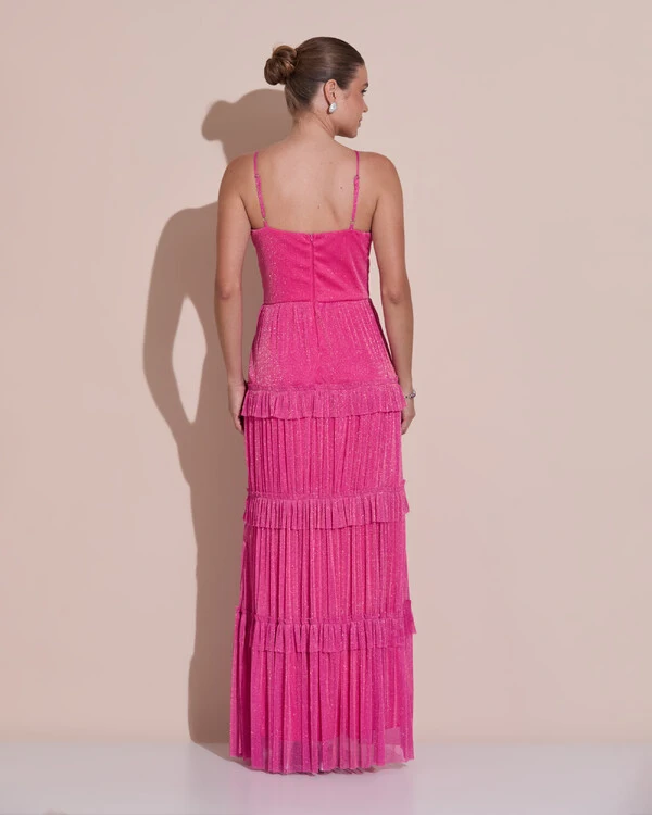 Vestido de Festa Longo Tule com Saia Babado Pink