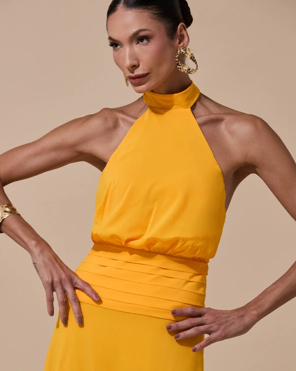 Vestido de Festa Longo Frente Única Busto Blousê Crepe Chiffon Drapeado Laranja Manga New