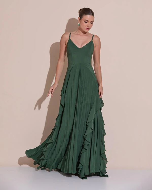 Vestido de Festa Longo Crepe Chiffon Alça Fina Saia Plissada com Babado Cascata Verde Escuro New