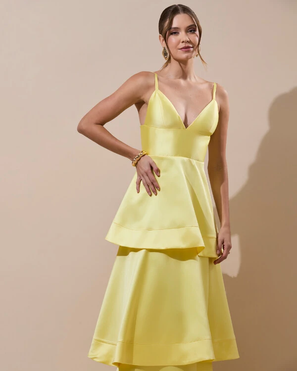 Vestido de Festa Longo Zibeline em Camadas Decote em V com Alças Amarelo Manteiga