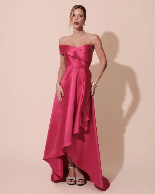 Vestido de Festa Longo Zibeline um Ombro Só Mullet Pink New