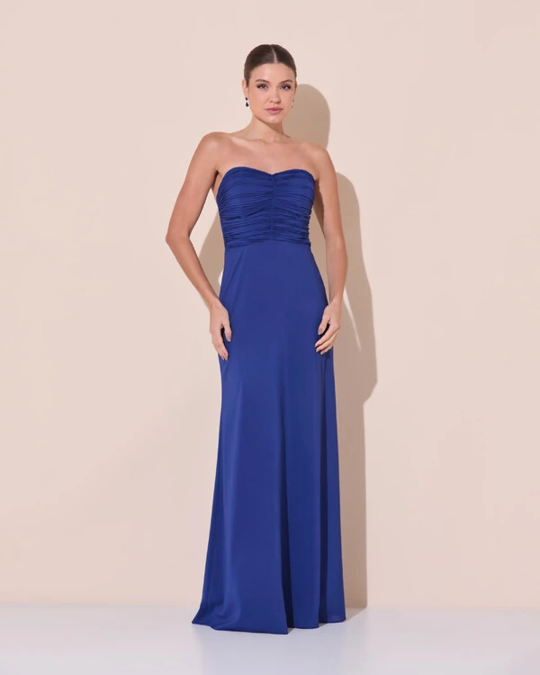 Vestido de Festa Longo Ombro a Ombro Plissado Crepe Chiffon Capa Flor 3D Azul Marinho