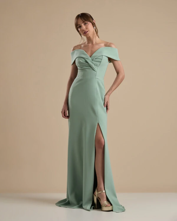 Vestido de Festa Longo Alfaiataria Ombro a Ombro com Fenda Verde Menta