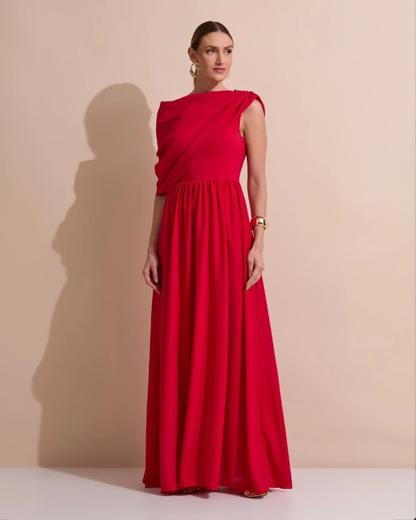 Vestido de Festa Longo Um Ombro Só Crepe Chiffon Capa Drapeado Vermelho