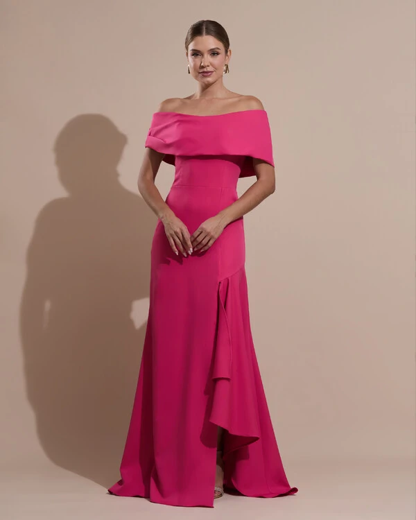 Vestido de Festa Longo Alfaiataria Ombro a Ombro com Babado Cascata Pink