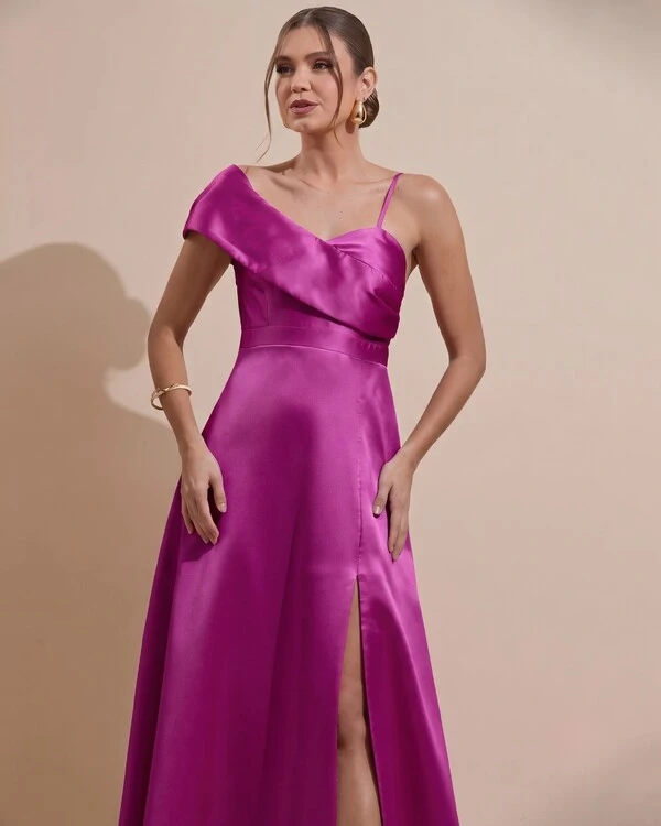Vestido de Festa Longo Zibeline Ombro a Ombro com Fenda Fúcsia