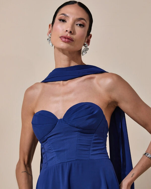 Vestido de Festa Longo Tomara que Caia Crepe Chiffon Decote Coração Lenço Azul Marinho
