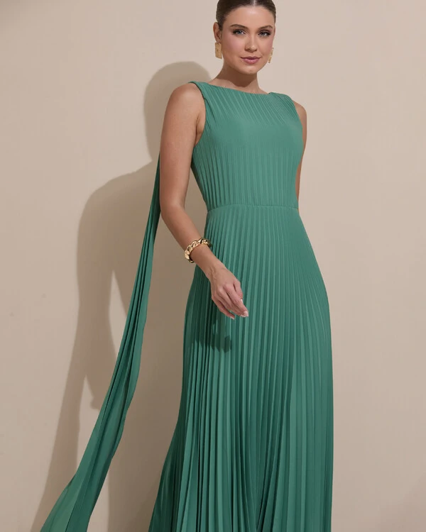 Vestido de Festa Longo Crepe Chiffon Plissado com Lenço nas Alças Verde Matcha Escuro