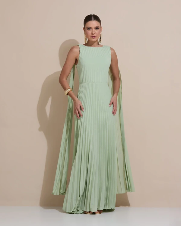 Vestido de Festa Longo Crepe Chiffon Plissado com Lenço nas Alças Verde Menta New