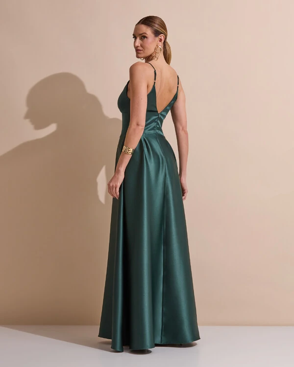 Vestido de Festa Longo Alça Fina Decote V Cetim Saia Evasê Verde Escuro