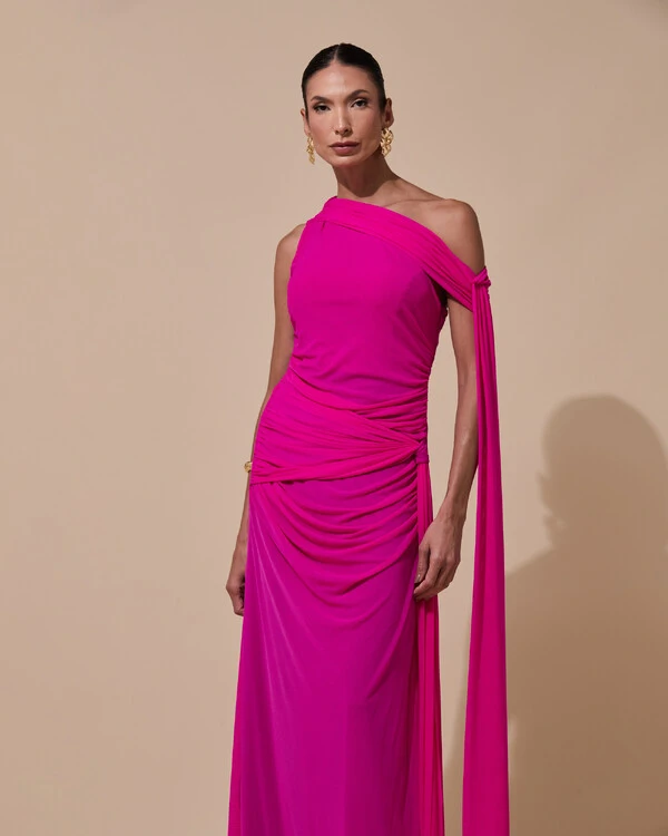 Vestido de Festa Longo Um Ombro Só Tule Faixa Drapeada Lenço Pink