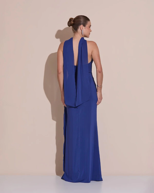 Vestido de Festa Longo Tomara Que Caia Crepe Chiffon Plissado Lenço Azul Marinho