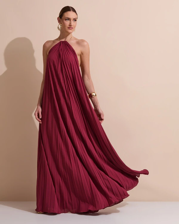 Vestido de Festa Longo Frente Única Plissado Crepe Chiffon Argola Marsala New