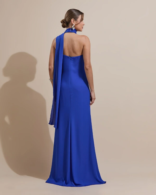 Vestido de Festa Longo Crepe Chiffon Um Ombro Só Drapeado Azul Royal