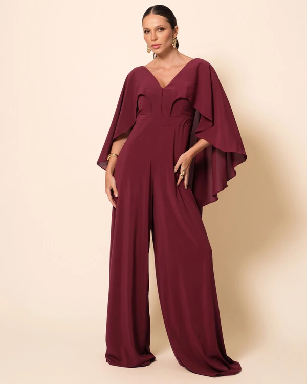 Macacão de Festa Longo Crepe Chiffon com Capa Marsala