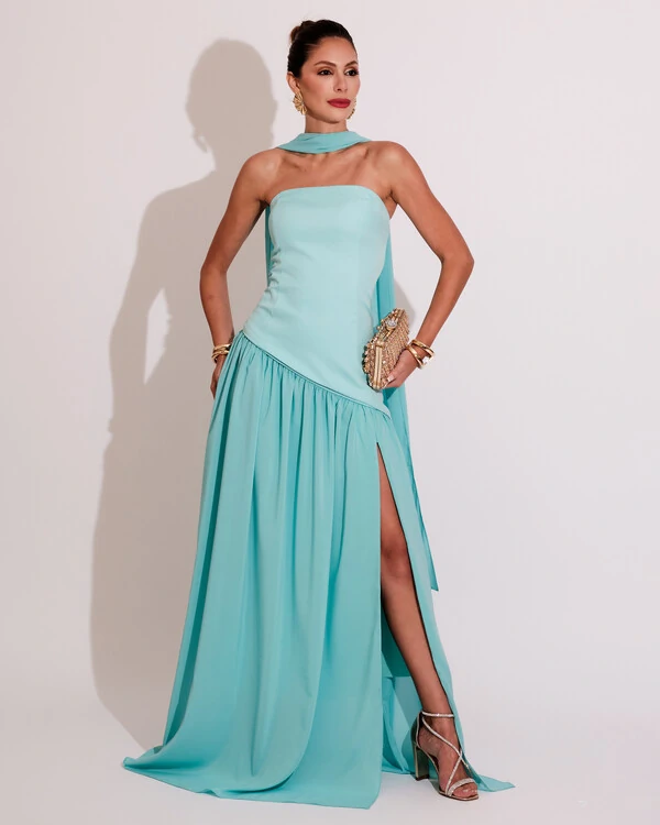 Vestido de Festa Longo Tomara que Caia Alfaiataria e Saia Crepe Chiffon e Lenço Tiffany