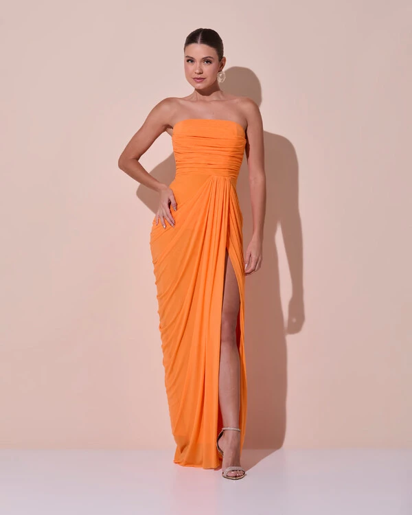 Vestido De Festa Longo Tomara que Caia Tule Drapeado Fenda Laranja New