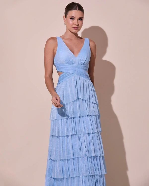 Vestido De Festa Longo Decote V Tule Brilho Recortes Camadas Serenity