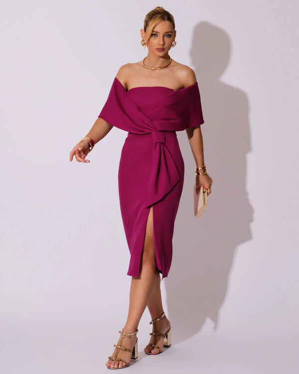 Vestido de Festa Midi Alfaiataria Fúcsia Beterraba