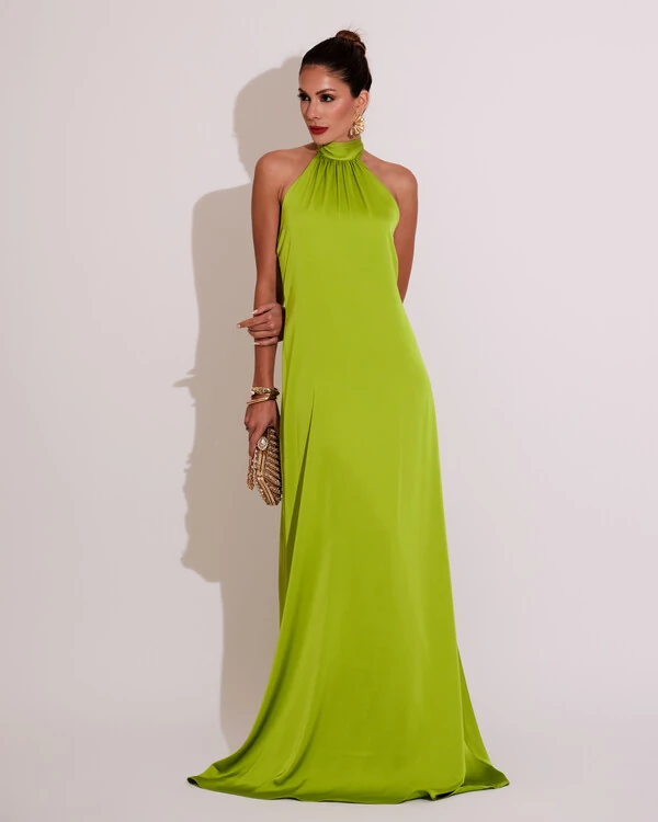 Vestido de Festa Gola Alta com Decote nas Costas Acetinado Verde Lima Escuro