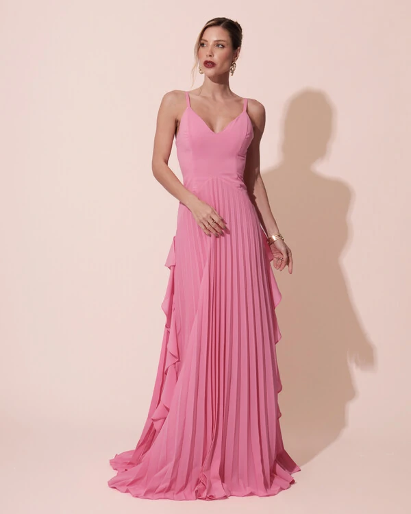 Vestido de Festa Longo Crepe Chiffon Alça Fina Saia Plissada com Babado Cascata Rosa