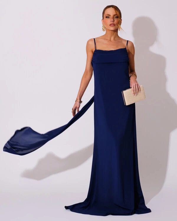 Vestido de Festa Longo Crepe Chiffon Costas Lenço Cauda Azul Marinho