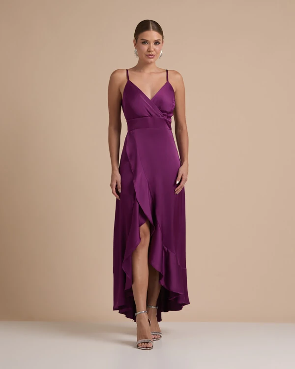 Vestido Midi Babado Acetinado Roxo