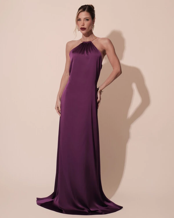 Vestido de Festa Longo Cetim Fluido com Argola Frente Única Roxo
