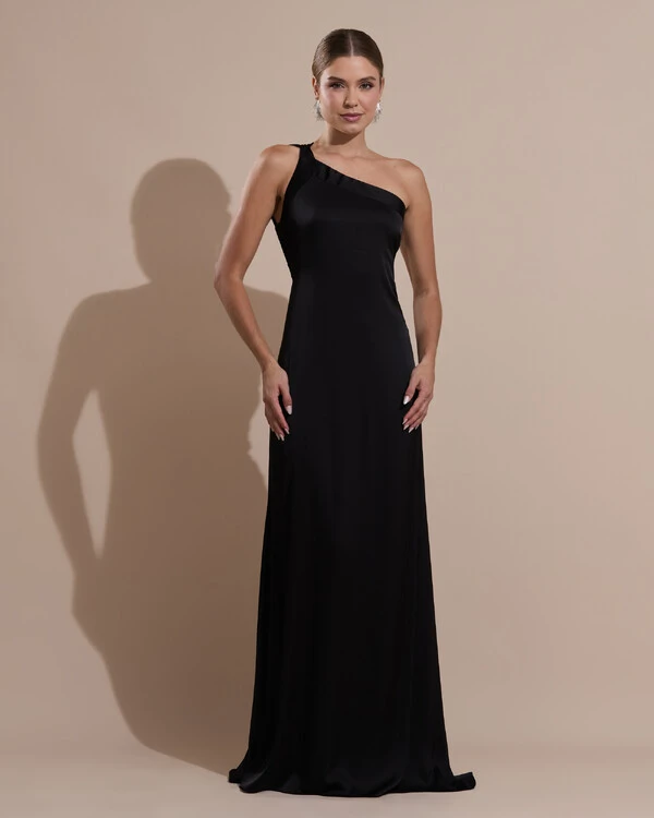 Vestido de Festa Longo Cetim Fluido Um Ombro Só Amarração Costas Preto