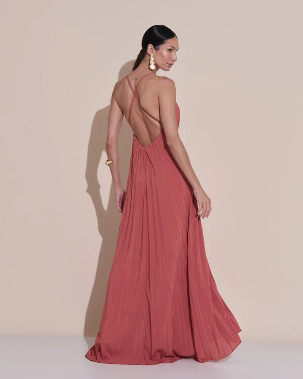 Vestido de Festa Longo Plissado Crepe Chiffon Decote V Alças Finas Terracota