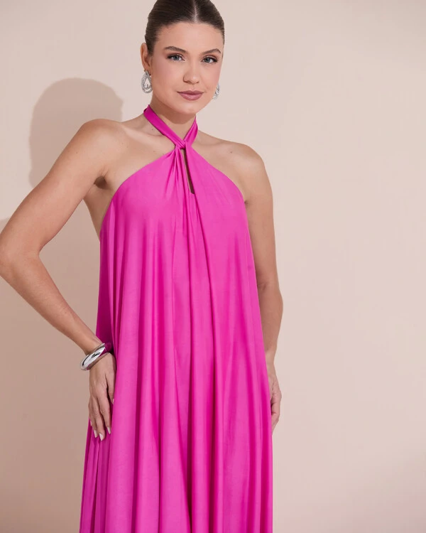 Vestido Longo com Amarração em Malha Pink