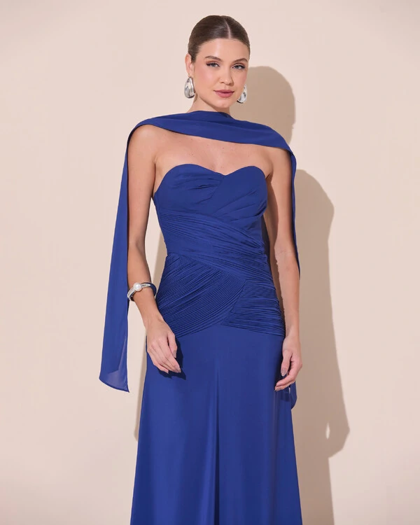 Vestido de Festa Longo Decote Coração Crepe Chiffon Drapeado Plissado Lenço Azul Marinho