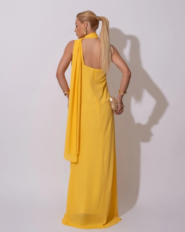 Vestido de Festa Longo Crepe Chiffon Um Ombro Só Drapeado Lenço Fixo Amarelo