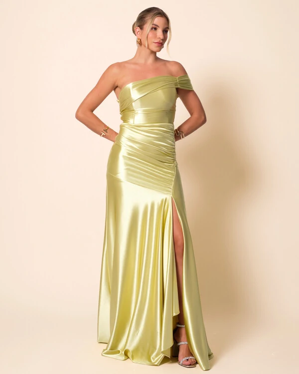 Vestido de Festa Longo Cetim Malha Metálico Ombro a Ombro Verde Lima