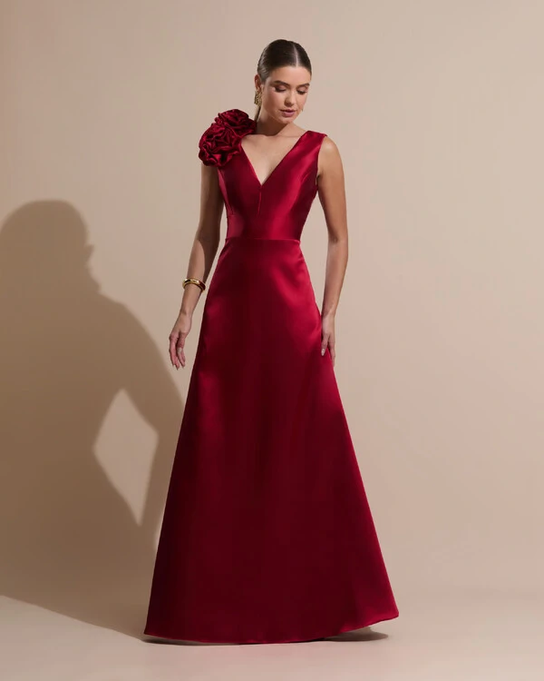 Vestido de Festa longo Zibeline Decote em V com Flores Removivel Marsala Escuro