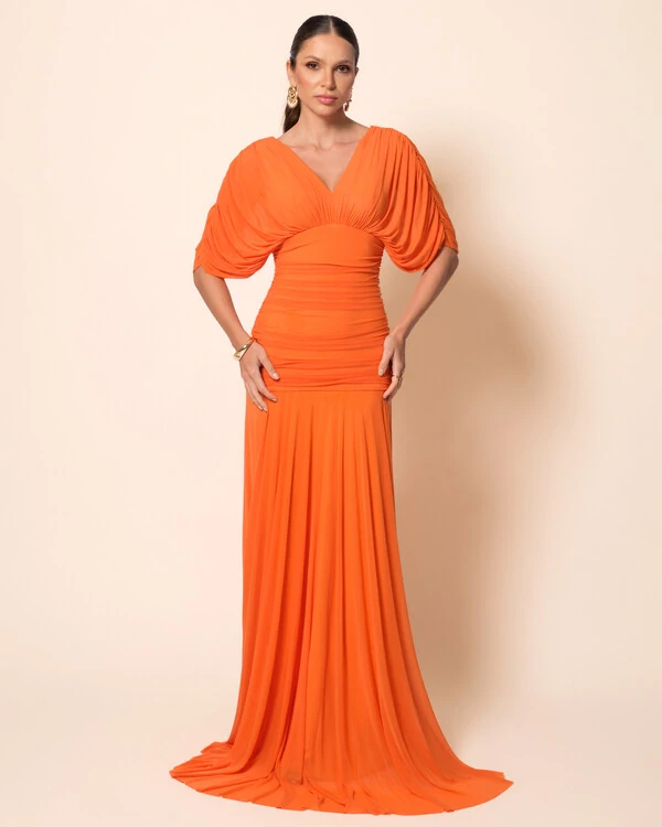 Vestido de Festa Longo Tule Manga Curta Drapeado Laranja