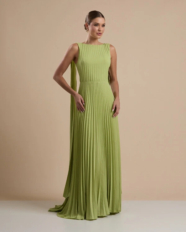 Vestido de Festa Longo Crepe Chiffon Plissado com Lenço nas Alças Verde Garden