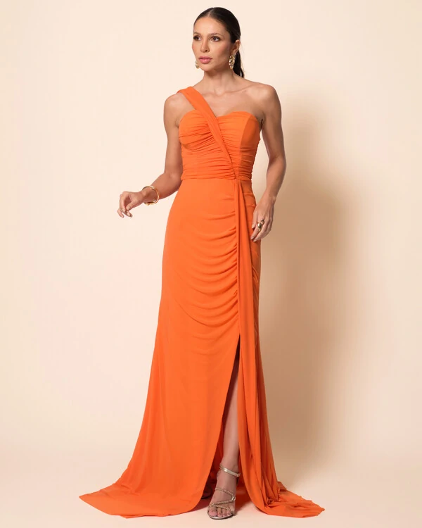 Vestido de Festa Longo Tule Tomara que Caia Faixa Detalhe Drapeado e Fenda Laranja