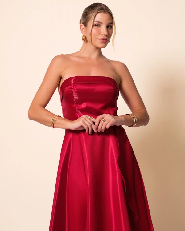 Vestido de Festa Longo Cetim Cristal Tomara que Caia Detalhe Marsala