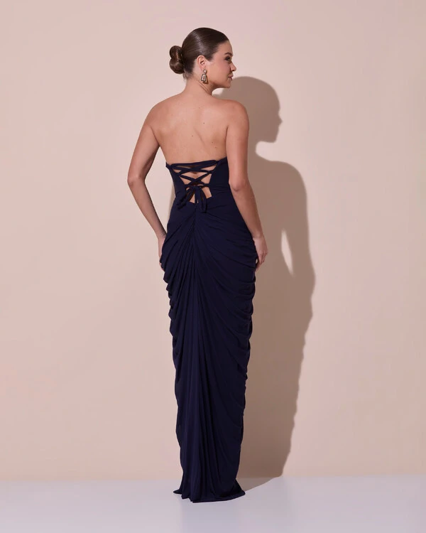 Vestido De Festa Longo Tomara que Caia Tule Drapeado Fenda Azul Marinho Escuro